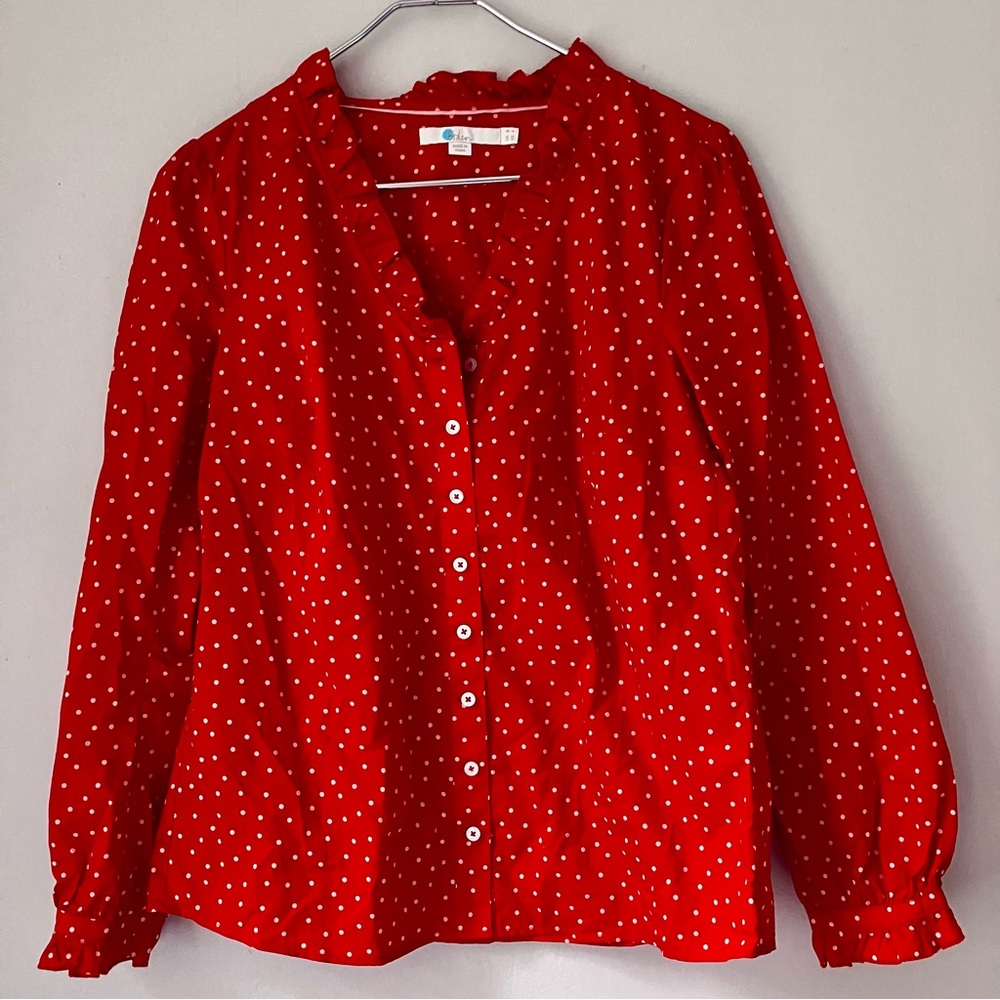 Boden Polka Dotted Blouse with Ruffled Neckline Size 4